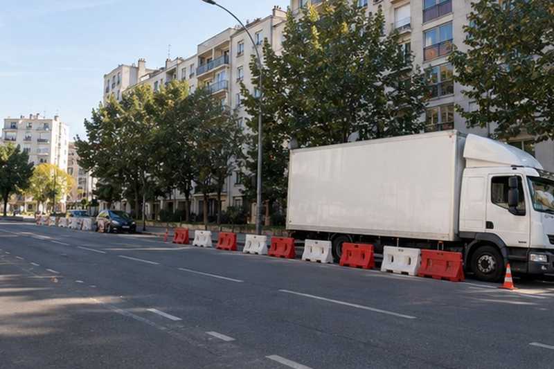 Camion stationné entre barrières sur l’avenue, Alfortville