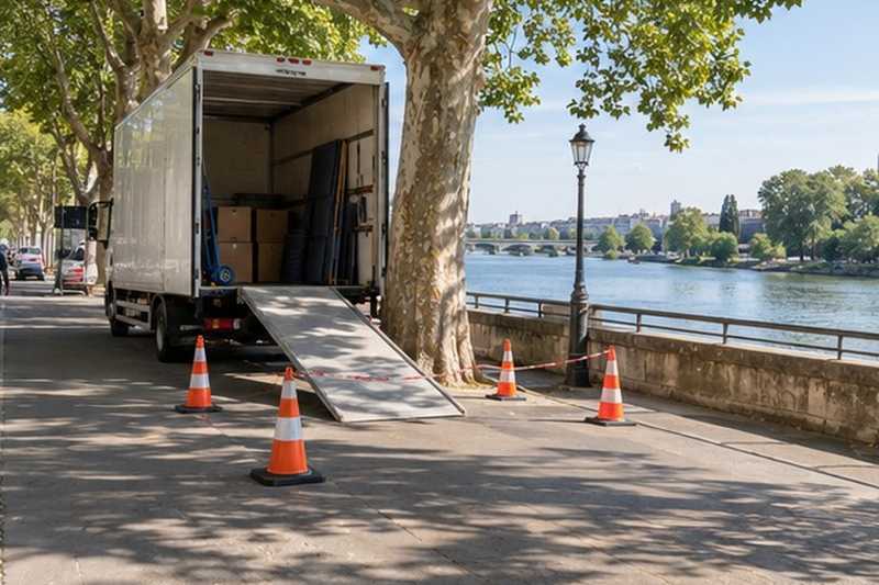 Camion sous les platanes du quai