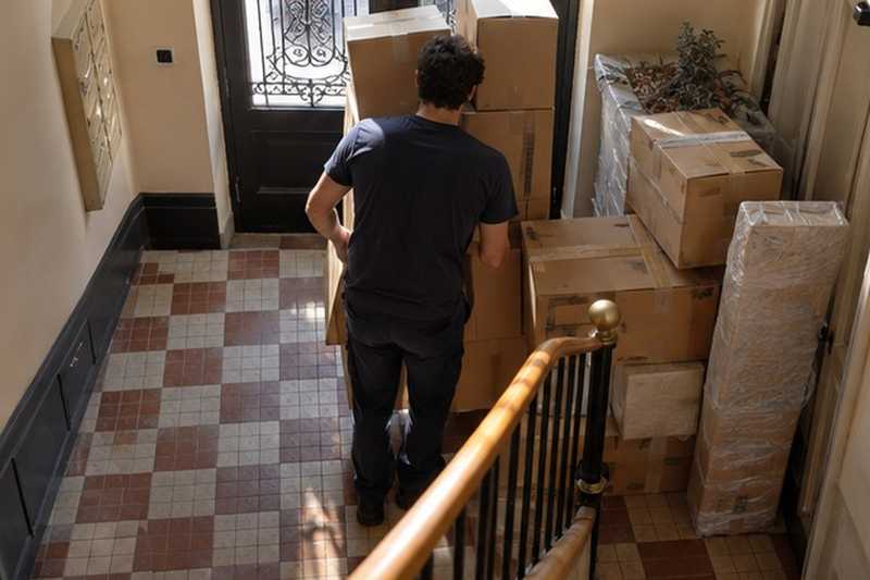 Cartons dans un hall étroit : chantier Rue d’Ablon
