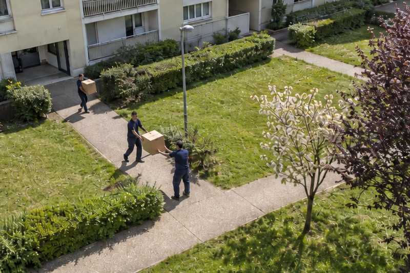 Relais de trois déménageurs sur la pelouse : chantier Rue André Soladier