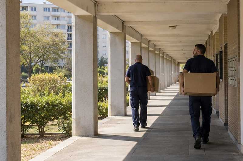 Cartons sous les arcades d’une barre : chantier Rue Babeuf