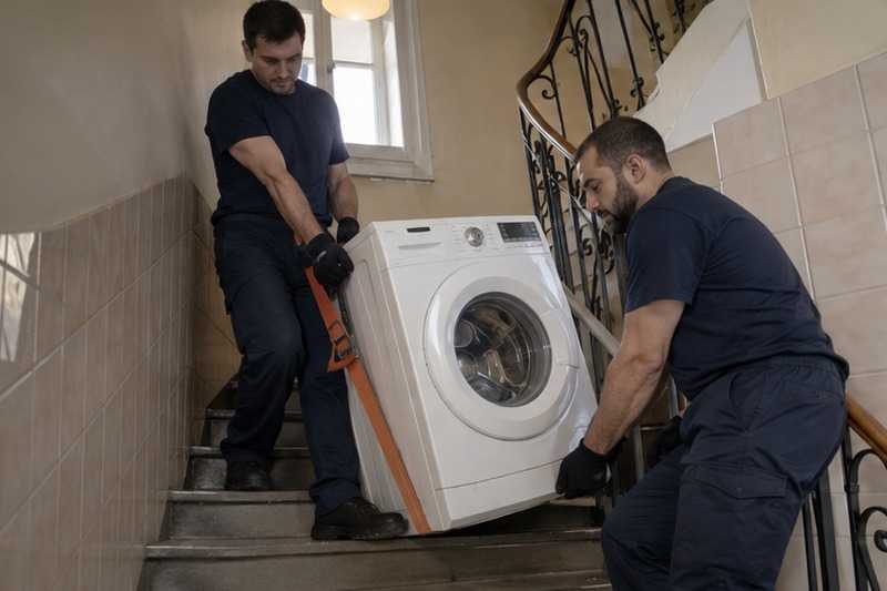 Lave-linge descendu à la sangle : chantier Rue Arthur Honegger
