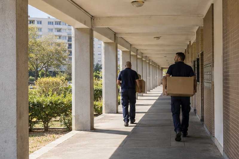 Cartons sous les arcades d’une barre : chantier Rue Louis Rougagnou