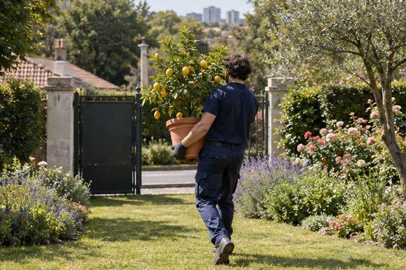 Citronnier en pot porté vers le portail : chantier Rue Royale