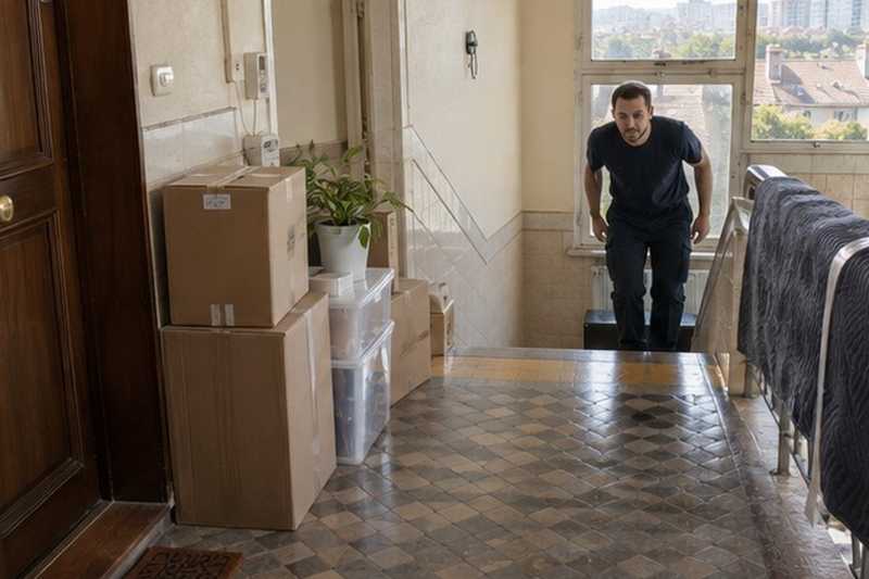 Cartons alignés au quatrième sans ascenseur : chantier Rue Alexandre Guillou
