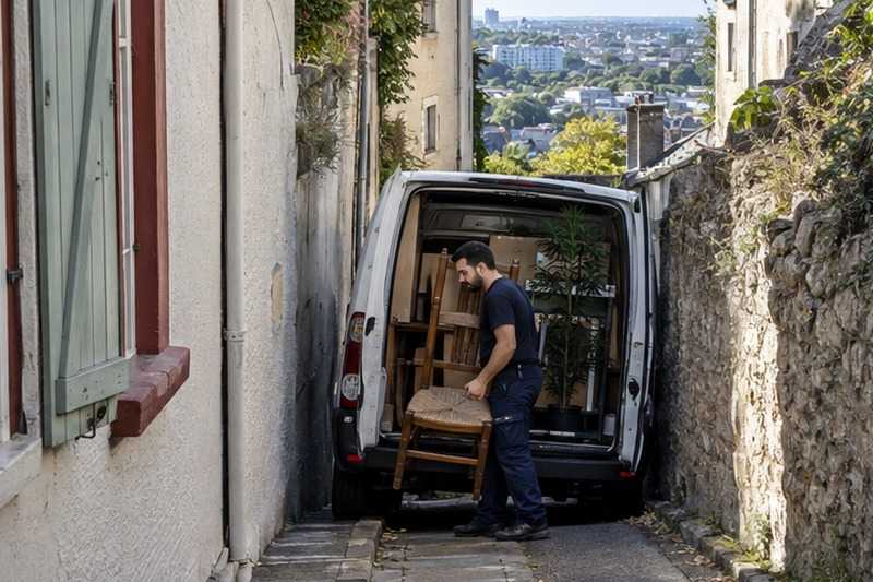 Utilitaire dans une ruelle de vieux bourg : chantier Rue Arthur Honegger