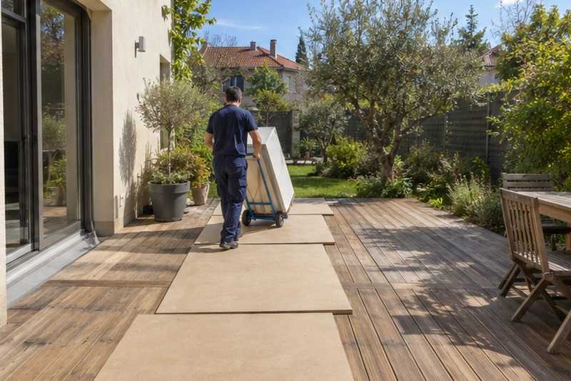 Panneaux sur la terrasse en bois