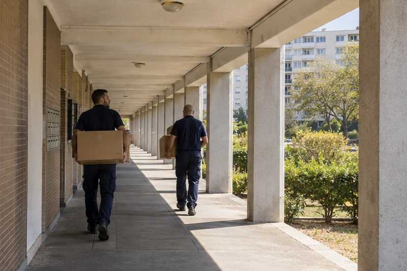 Cartons sous les arcades d’une barre : chantier Rue Aristide Briand