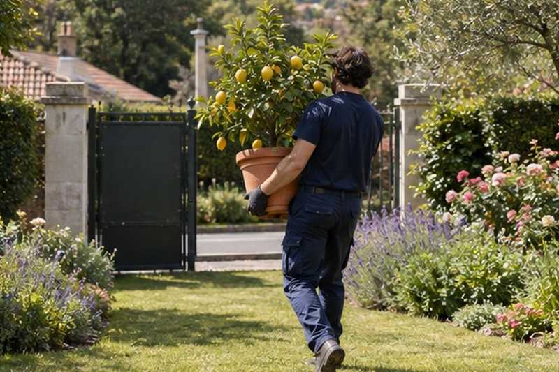 Citronnier en pot porté vers le portail : chantier Rue Basse d’Aval
