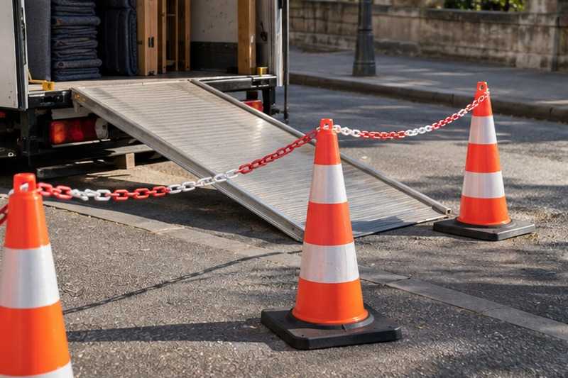 Cônes devant la rampe du camion : chantier Rue Albert Camus