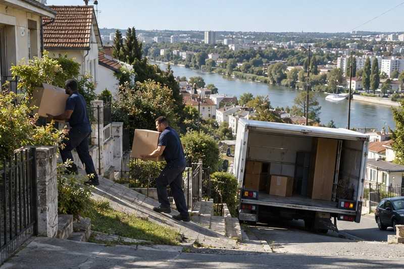 Rue en forte pente depuis la vallée : chantier Rue Ampère