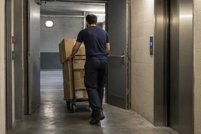 Cartons sortis du hall vers le parking : chantier Rue de Savoie