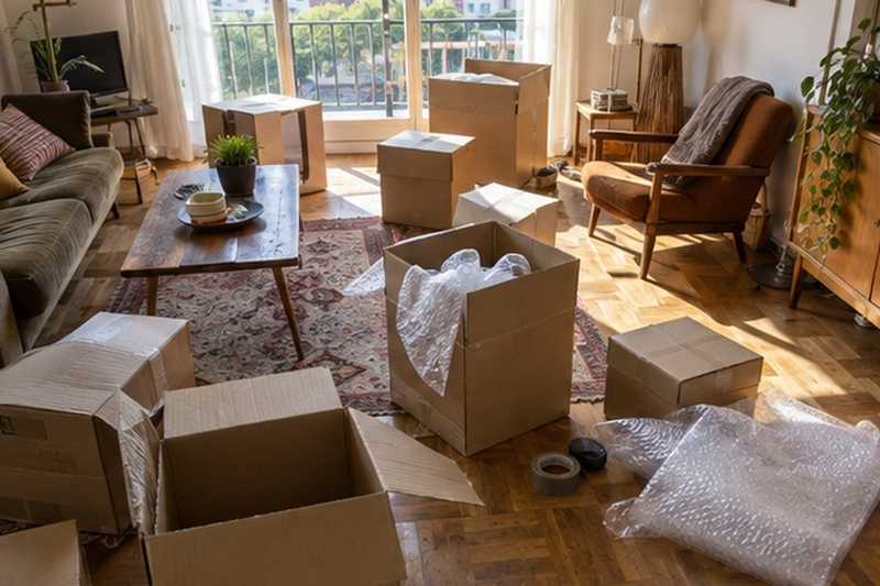 Cartons montés au milieu du salon