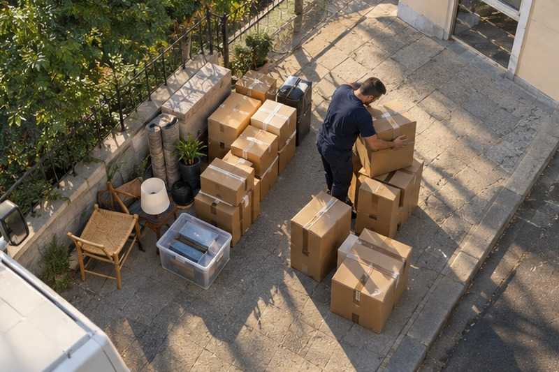 Cartons groupés par pièce sur le trottoir : chantier Rue Aristide Briand