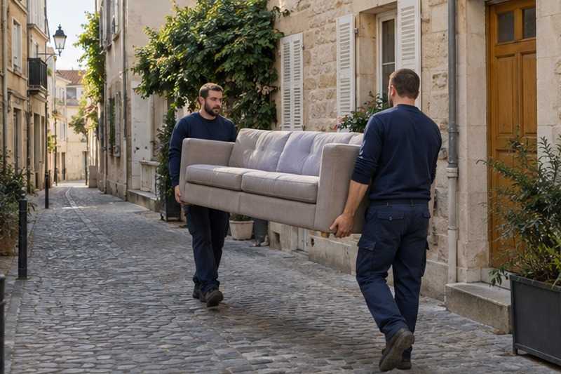 Canapé porté dans une ruelle piétonne : chantier Rue Pierre et Marie Curie