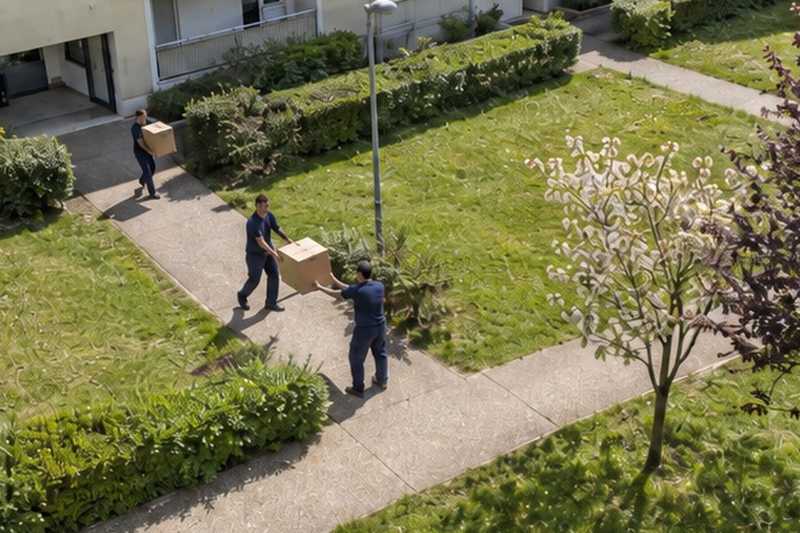 Relais de trois déménageurs sur la pelouse : chantier Rue Albert Thuret