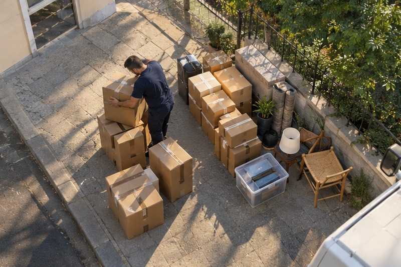 Cartons groupés par pièce sur le trottoir : chantier Rue Adolphe Sannier