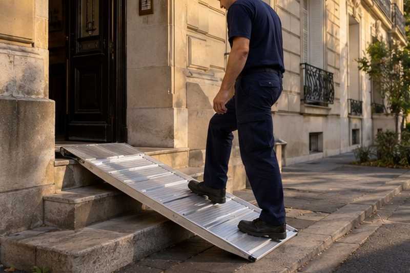 Rampe aluminium sur trois marches : chantier Rue Alphonse Brault