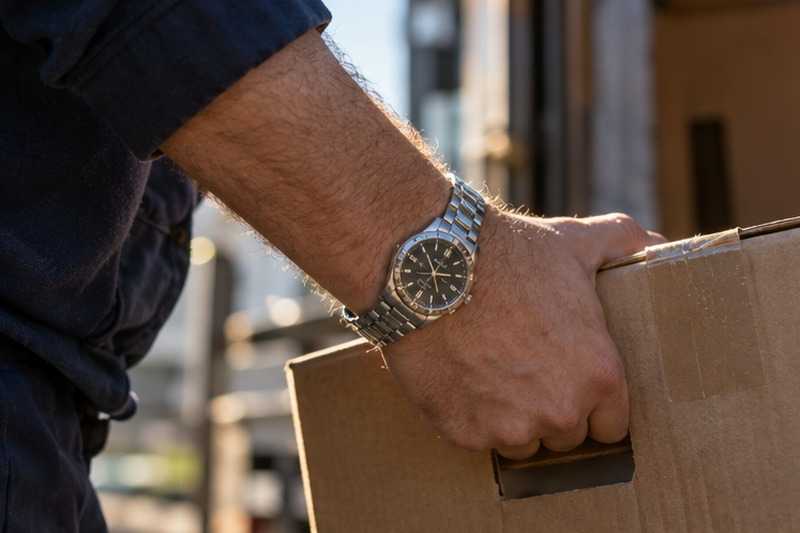 Montre au poignet pendant le chargement : chantier Rue de la Croix des Craies