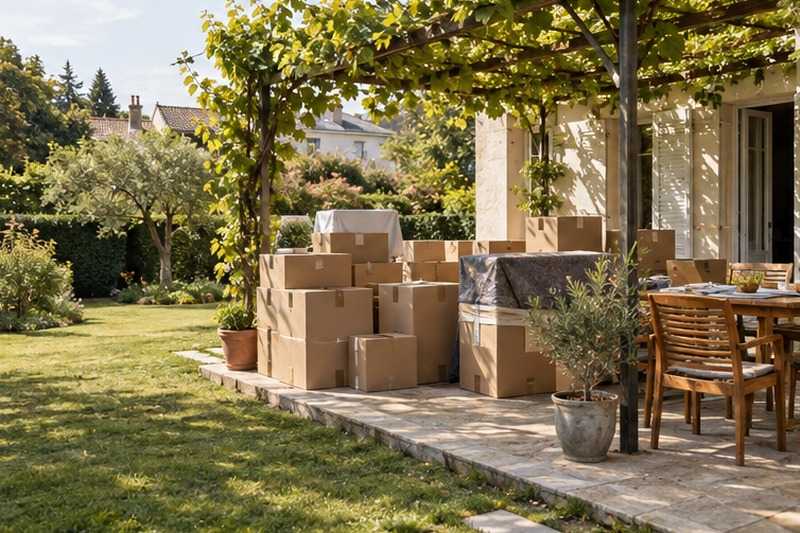 Cartons à l’abri de la pergola : chantier Rue de la Goupilière