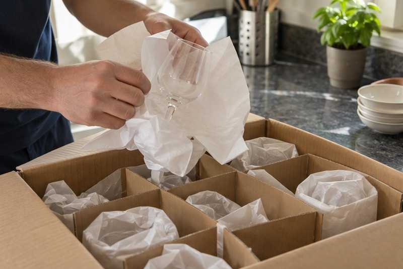 Verres dans un carton à croisillons