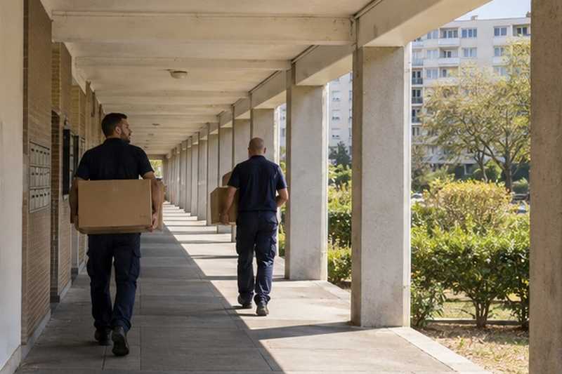 Cartons sous les arcades d’une barre : chantier Rue Alfred de Musset