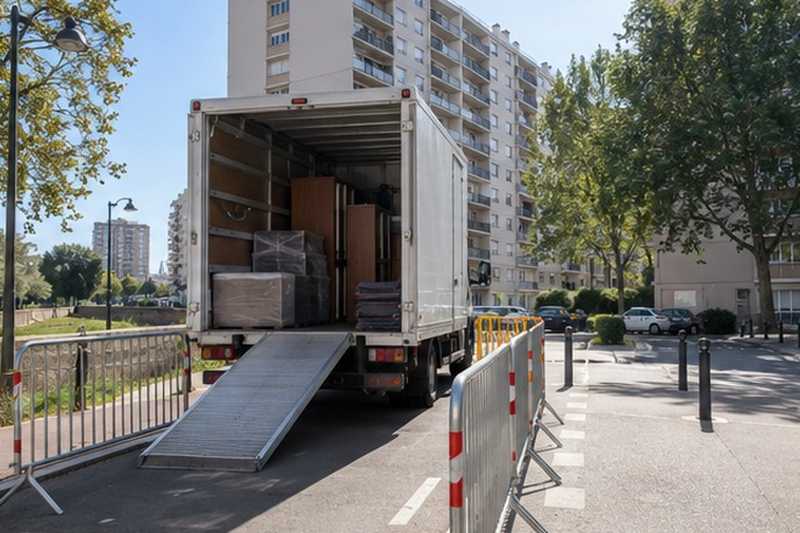 Camion sur la desserte de la cité : chantier Rue Alphonse Melun