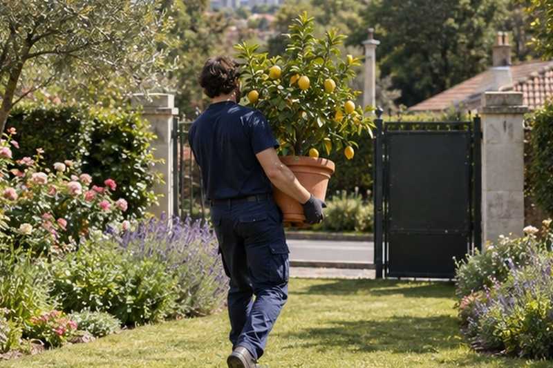 Citronnier en pot porté vers le portail : chantier Rue Anatole France