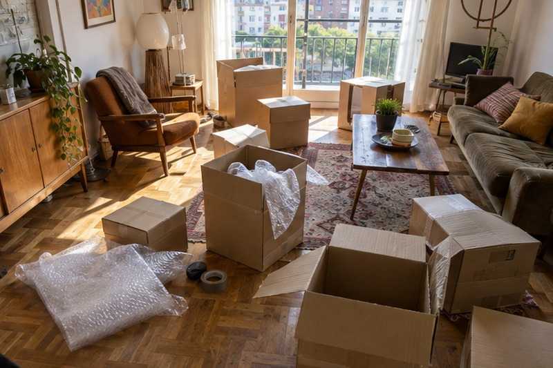 Cartons montés au milieu du salon