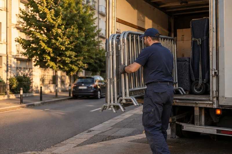 Barrières repliées après le chargement : chantier Rue André Laurent