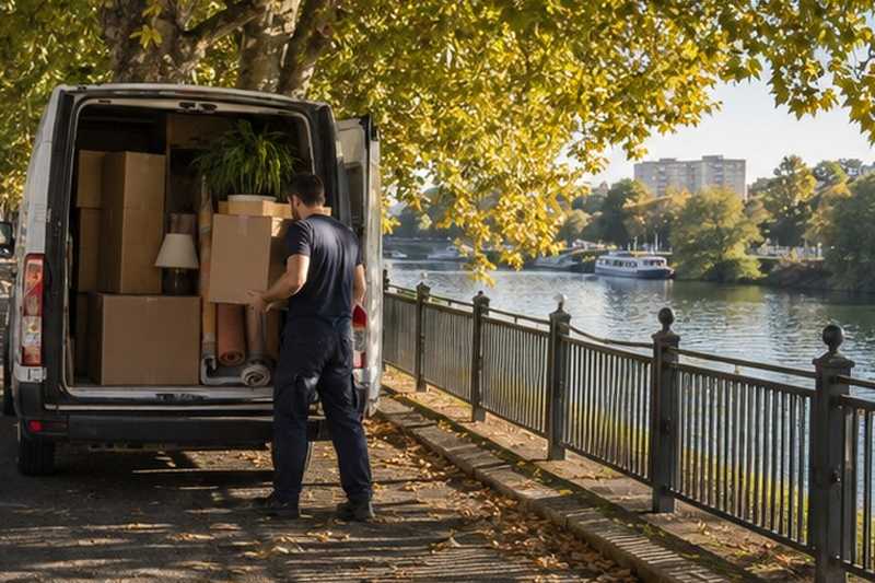 Utilitaire sous les tilleuls d’un chemin : chantier Rue Brulard