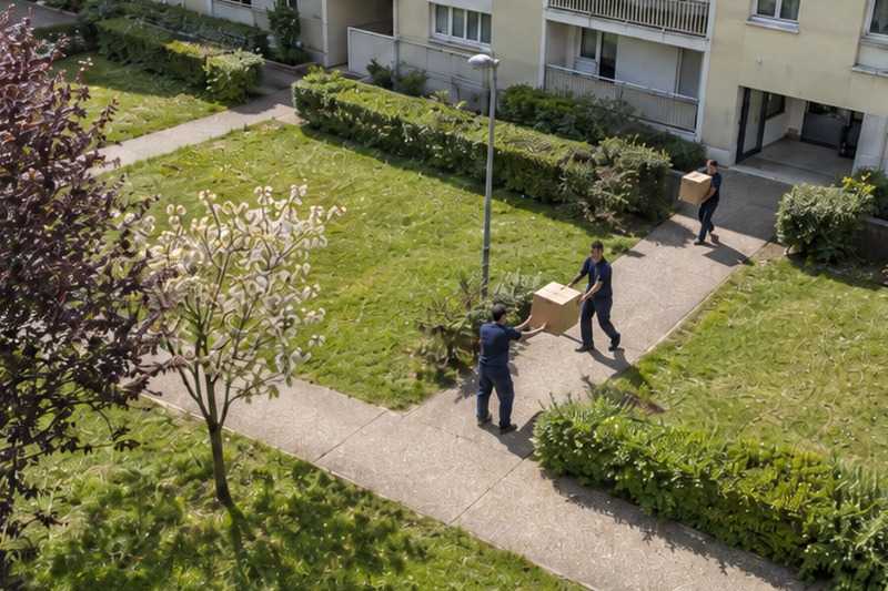 Relais de trois déménageurs sur la pelouse : chantier Rue de Chevilly