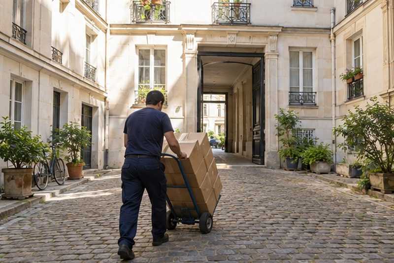 Chariot traversant une cour pavée : chantier Avenue Alfred