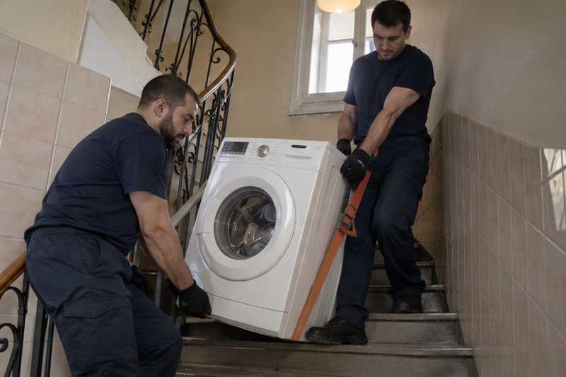 Lave-linge descendu à la sangle : chantier Avenue Bizet