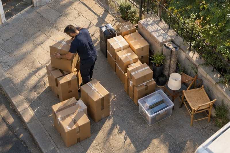 Cartons groupés par pièce sur le trottoir : chantier Avenue Charles Floquet