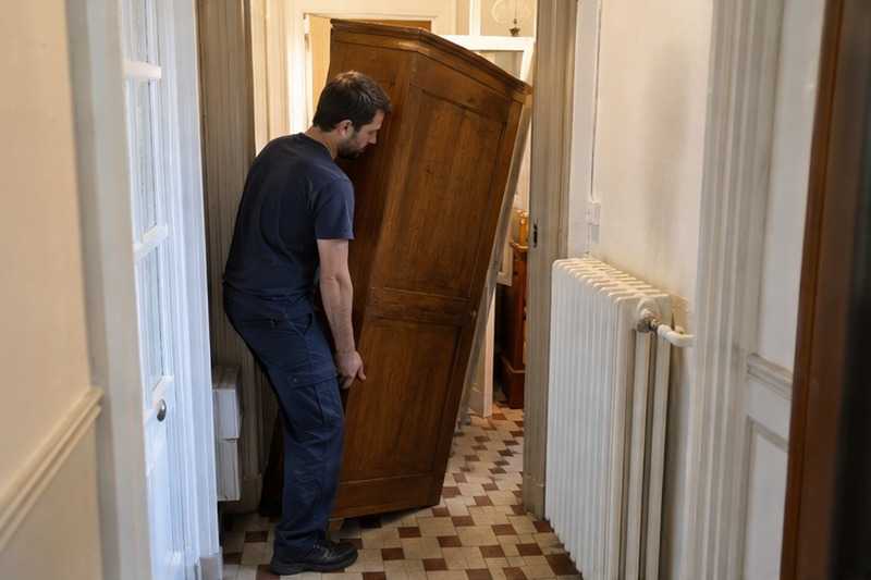 Armoire inclinée dans un hall exigu : chantier Avenue Jean Jaurès