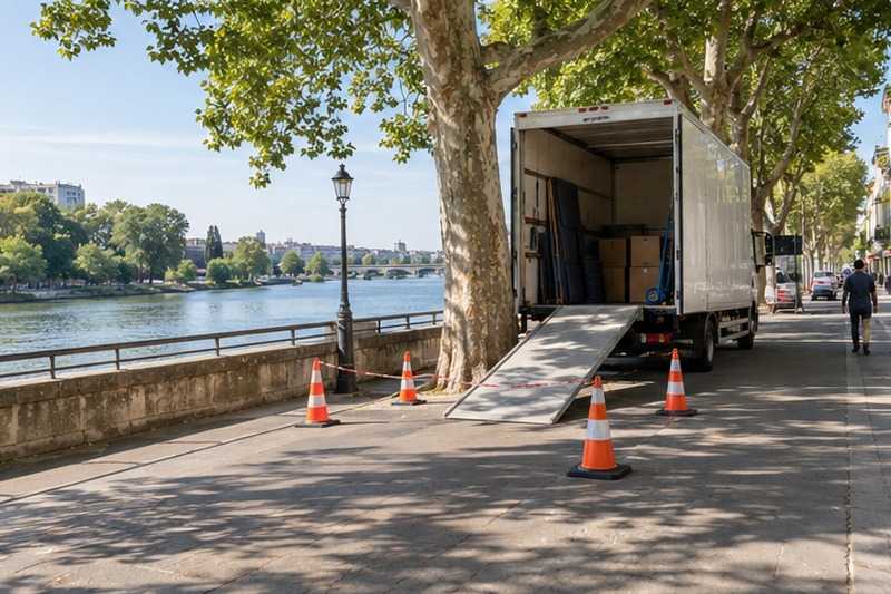 Camion sous les platanes du quai : chantier Rue Albert Thomas