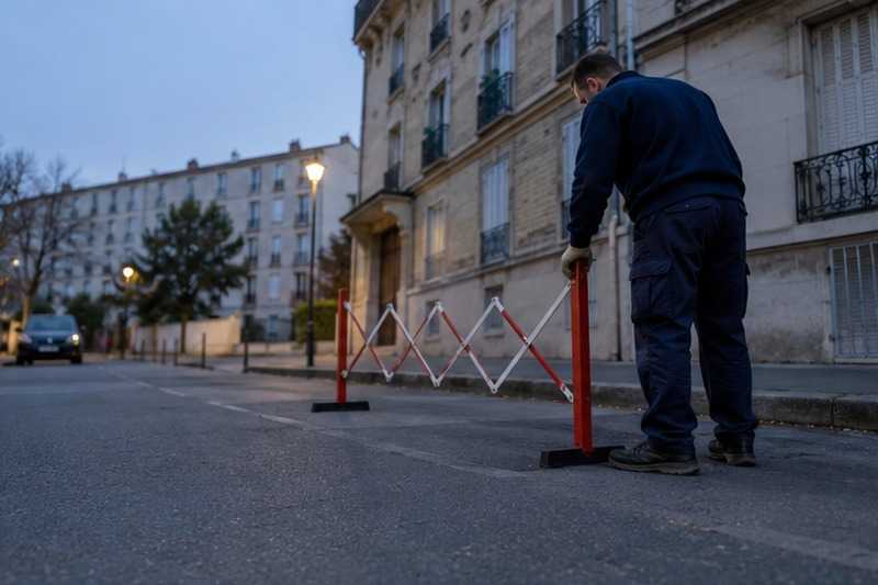 Barrière posée au lever du jour : chantier Rue André Speeckaert