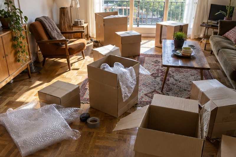 Cartons montés au milieu du salon