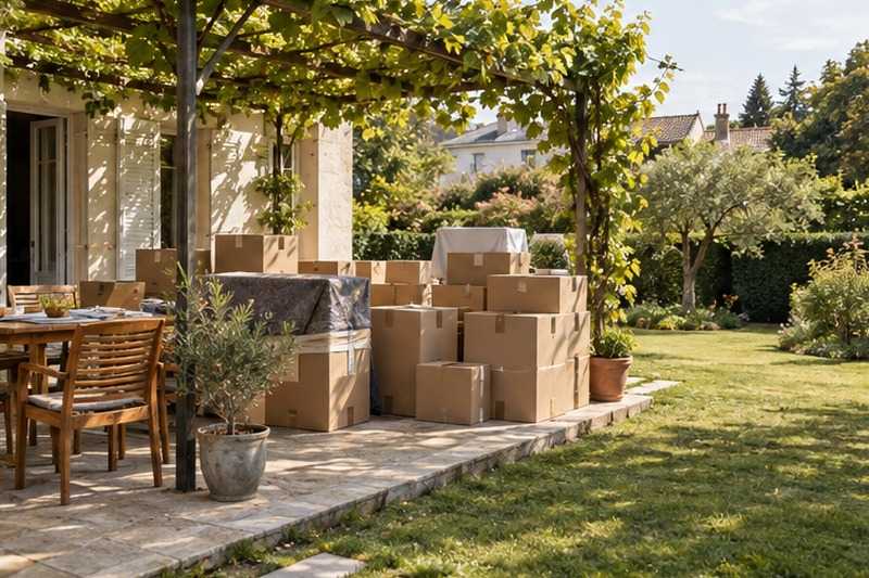 Cartons à l’abri de la pergola : chantier Rue Anatole France