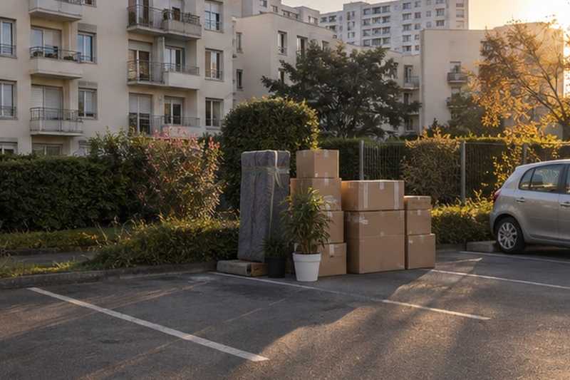 Cartons au bord d’une place vide : chantier Avenue Alphonsine