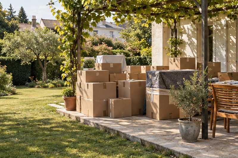 Cartons à l’abri de la pergola : chantier Avenue Ardouin