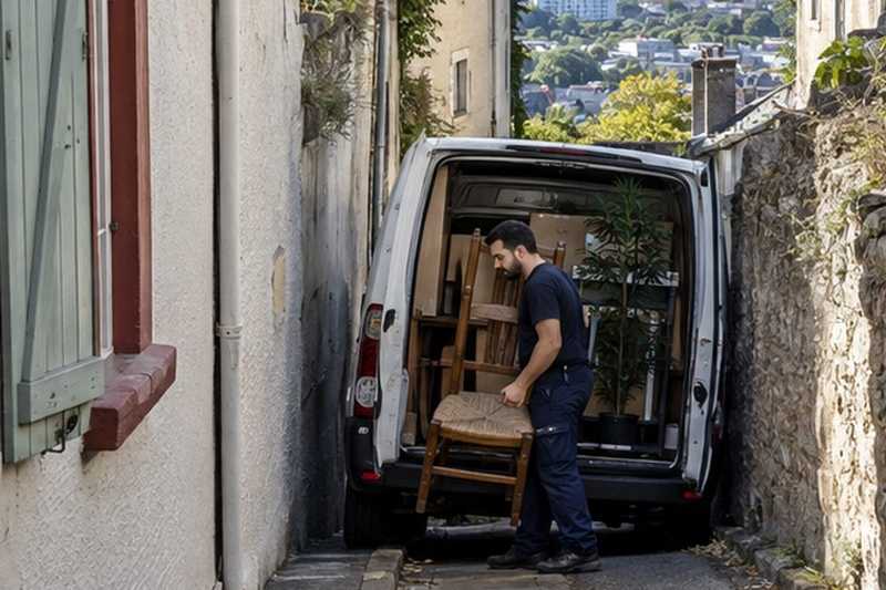 Utilitaire dans une ruelle de vieux bourg
