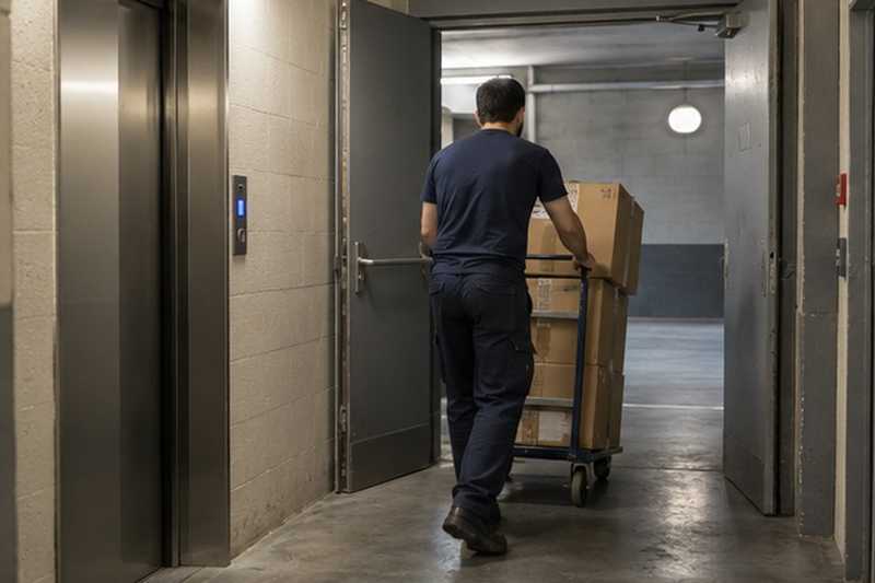 Cartons sortis du hall vers le parking : chantier Rue Alphonse Daudet