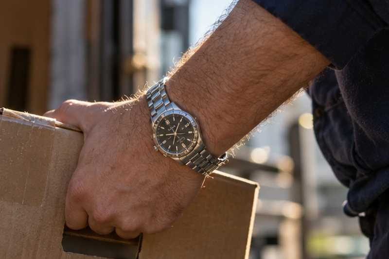 Montre au poignet pendant le chargement : chantier Rue Ange Rubaud