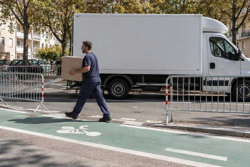 Camion le long d’une piste cyclable : chantier Rue Auguste Dupin