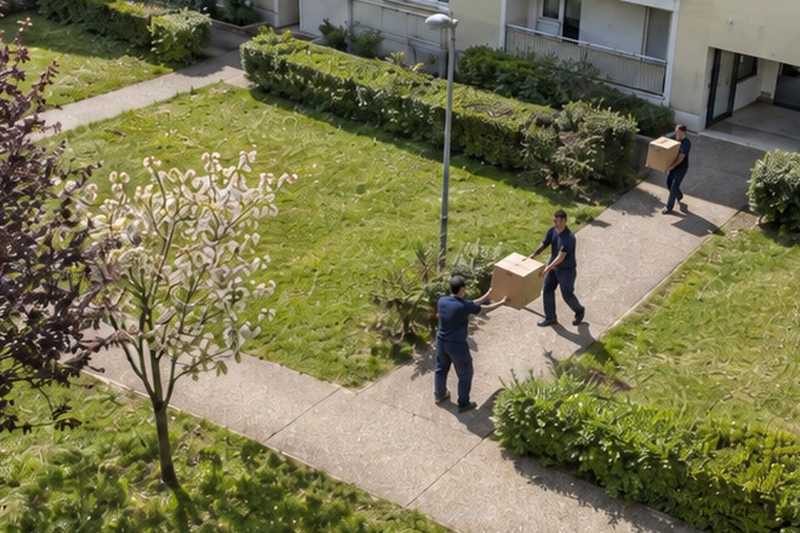 Relais de trois déménageurs sur la pelouse : chantier Rue Baudin