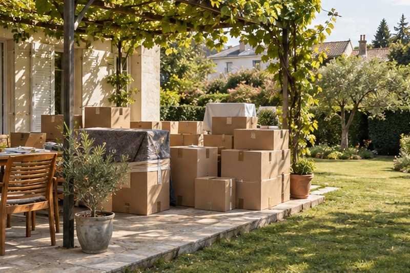 Cartons à l’abri de la pergola : chantier Rue Louise Chenu