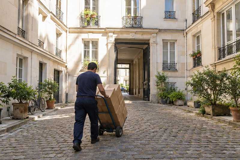 Chariot traversant une cour pavée : chantier Rue d’Yerres