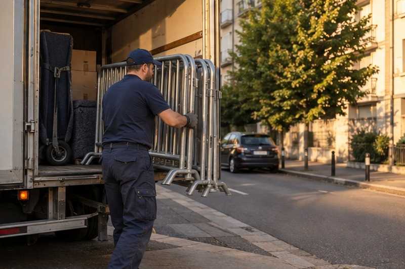 Barrières repliées après le chargement : chantier Rue de la Ferme aux Roses